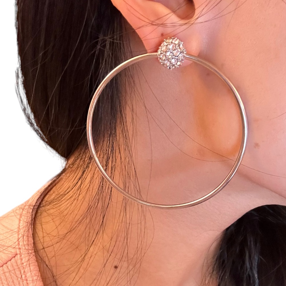Large Circle Stud Earrings - Crystal Fireball Hoop Earrings - Silver Tone